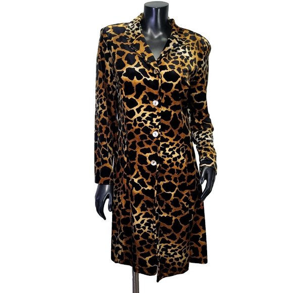 Vintage 90s Clio Womens M Leopard Print Longline Blazer Coat Velvet Button Front - Picture 1 of 10